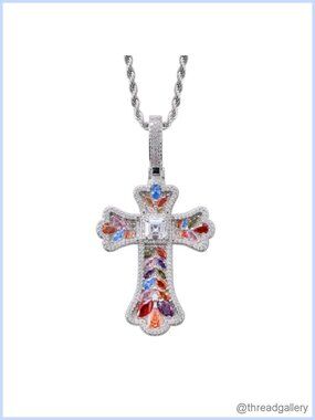 Iced Out Cross Pendant Necklace 14K Gold Plated Rope Chain Hip Hop Jewelry